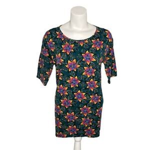 LuLaRoe Irma Green Blue Orange Yellow Floral Pattern High Low Tunic Top sz Small
